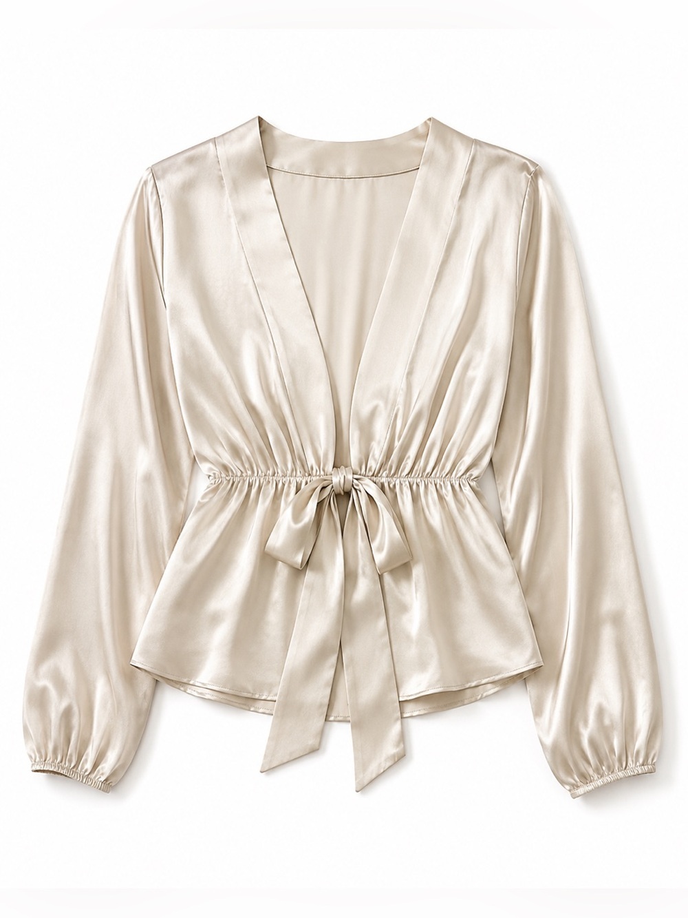 Satin Tie-Front Long Sleeve Top - Cream